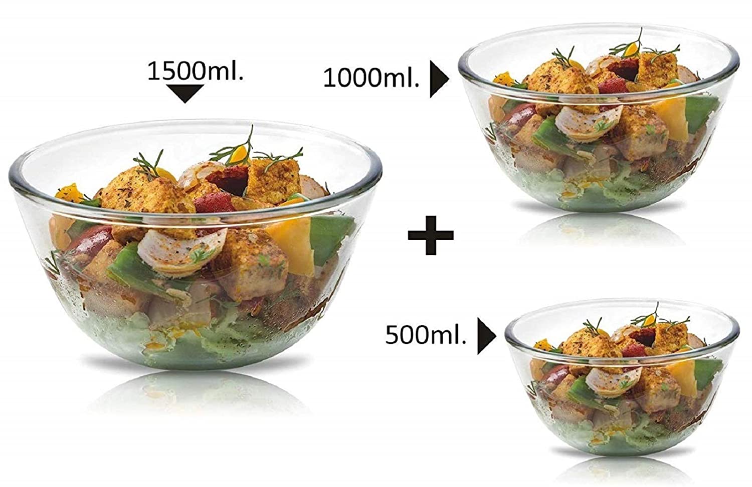 SignoraWare Mixing Bowl Borosilicate Glass, Set of 3, (500ml+1000ml+1500ml), Clear
