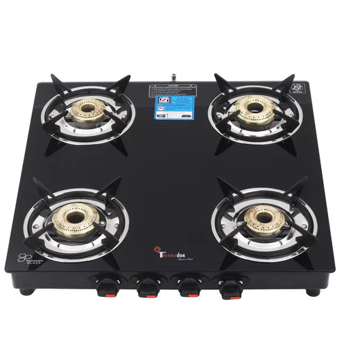 Glass 4 Burner Gas Stove With Premium Gas Saver Brass Plated Burner | Manual Ignition With 6 mm Toughened Glass Top | LPG Gas Stove | ISI Certified | 1 Yr Warranty