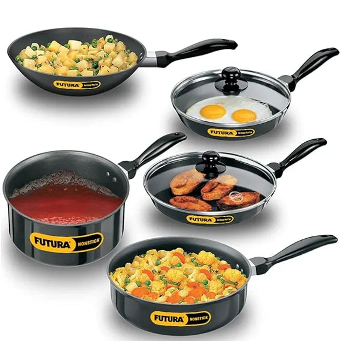 5 Pieces Cookware Set 4 - Non Stick Kadhai, Two Frying Pans, Saucepan, Saute Pan and Two Glass Lids