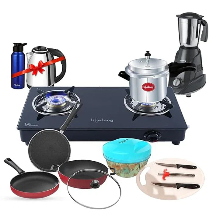 Kitchen Set 2-Burner Gas Stove, 3-Piece Cookware Set, 500W Mixer Grinder, 3L Pressure Cooker, 1.5L Electric Kettle, Water Bottle with Chopper, Chopping Board, Knives & Gas Lighter