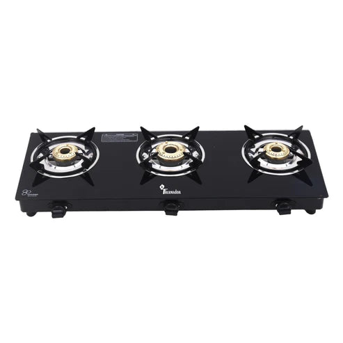 Gas Stove 3 Burners Auto Ignition | 3 Burner Gas Stove with Premium Gas Saver Brass Plated Burners | 6mm Toughened Glass Gas Chulha 3 Burner | LPG Compatible | ISI Certified | 1 Yr Warranty