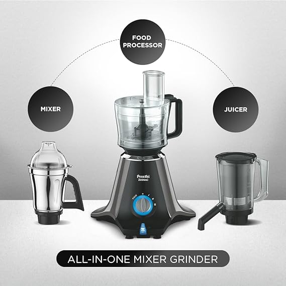Preethi Zodiac Mg-218 Mixer Grinder for Kitchen, 5 Jars 750 Watt Mixie (3 Stainless Steel Jars +1 Juicer Jar+1 Master Chef Plus Food Processor Jar),Black/Light Grey