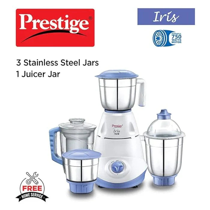 Prestige Iris 750 Watt Mixer Grinder with 3 Stainless Steel Jar + 1 Juicer Jar (White and Blue)