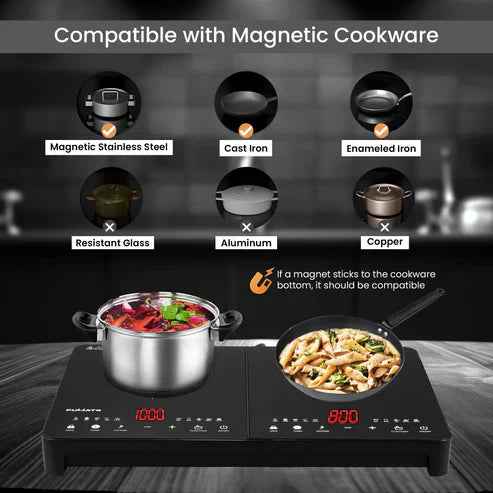 Induction Cooktop | Double Burner Touch Control Digital Display | Waterproof Black Crystal Panel | Auto Shut Off 2200W with Child Lock | Induction For Cooking Boiling Frying