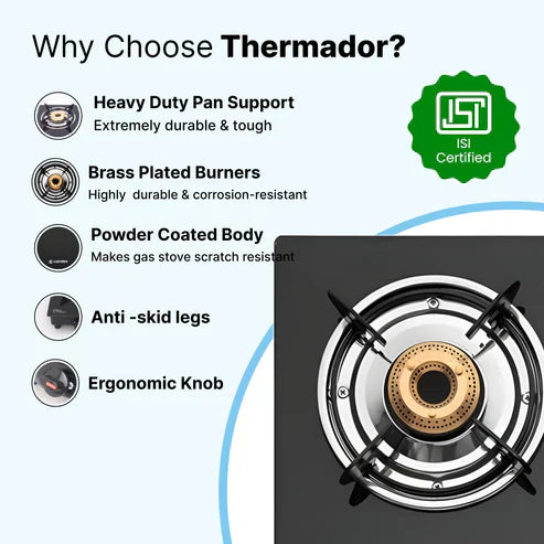 Glass 4 Burner Gas Stove With Premium Gas Saver Brass Plated Burner | Manual Ignition With 6 mm Toughened Glass Top | LPG Gas Stove | ISI Certified | 1 Yr Warranty