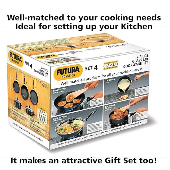 5 Pieces Cookware Set 4 - Non Stick Kadhai, Two Frying Pans, Saucepan, Saute Pan and Two Glass Lids