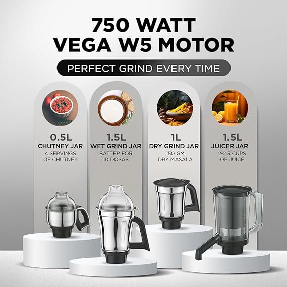 Preethi Zodiac Mg-218 Mixer Grinder for Kitchen, 5 Jars 750 Watt Mixie (3 Stainless Steel Jars +1 Juicer Jar+1 Master Chef Plus Food Processor Jar),Black/Light Grey