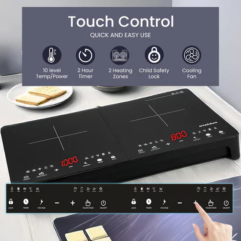 Induction Cooktop | Double Burner Touch Control Digital Display | Waterproof Black Crystal Panel | Auto Shut Off 2200W with Child Lock | Induction For Cooking Boiling Frying