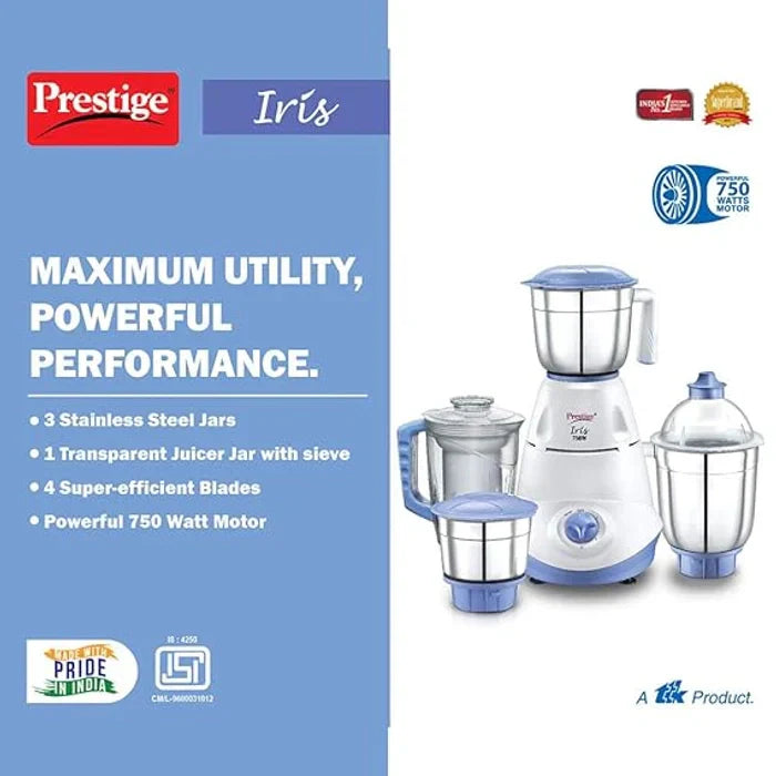 Prestige Iris 750 Watt Mixer Grinder with 3 Stainless Steel Jar + 1 Juicer Jar (White and Blue)