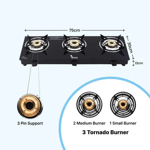 Gas Stove 3 Burners Auto Ignition | 3 Burner Gas Stove with Premium Gas Saver Brass Plated Burners | 6mm Toughened Glass Gas Chulha 3 Burner | LPG Compatible | ISI Certified | 1 Yr Warranty