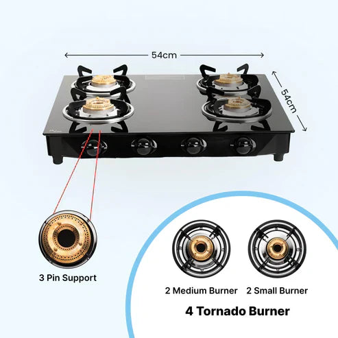 Glass 4 Burner Gas Stove With Premium Gas Saver Brass Plated Burner | Manual Ignition With 6 mm Toughened Glass Top | LPG Gas Stove | ISI Certified | 1 Yr Warranty