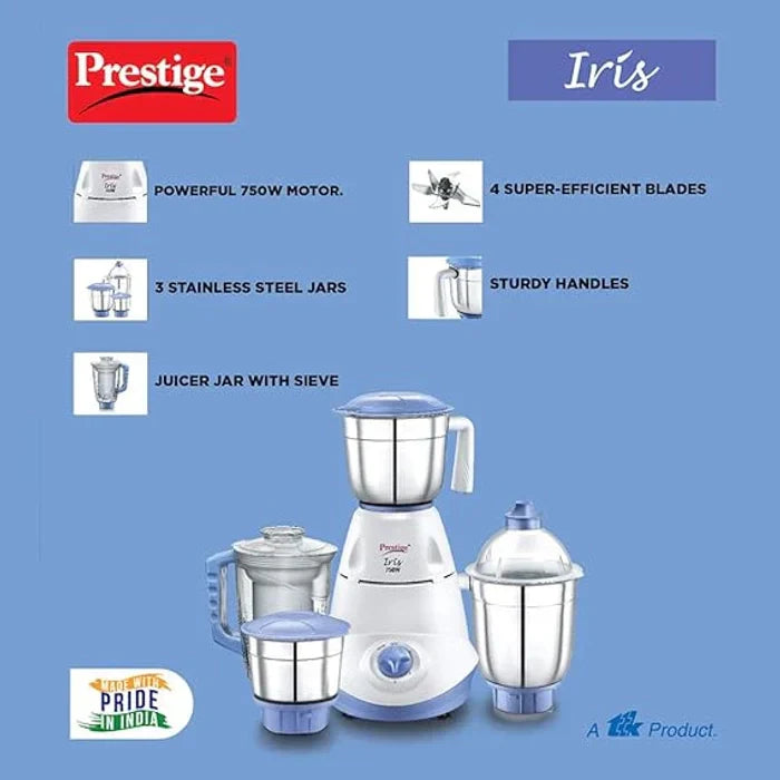 Prestige Iris 750 Watt Mixer Grinder with 3 Stainless Steel Jar + 1 Juicer Jar (White and Blue)