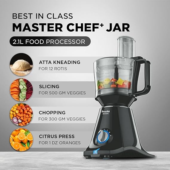 Preethi Zodiac Mg-218 Mixer Grinder for Kitchen, 5 Jars 750 Watt Mixie (3 Stainless Steel Jars +1 Juicer Jar+1 Master Chef Plus Food Processor Jar),Black/Light Grey