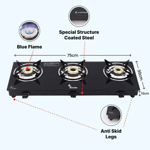 Gas Stove 3 Burners Auto Ignition | 3 Burner Gas Stove with Premium Gas Saver Brass Plated Burners | 6mm Toughened Glass Gas Chulha 3 Burner | LPG Compatible | ISI Certified | 1 Yr Warranty