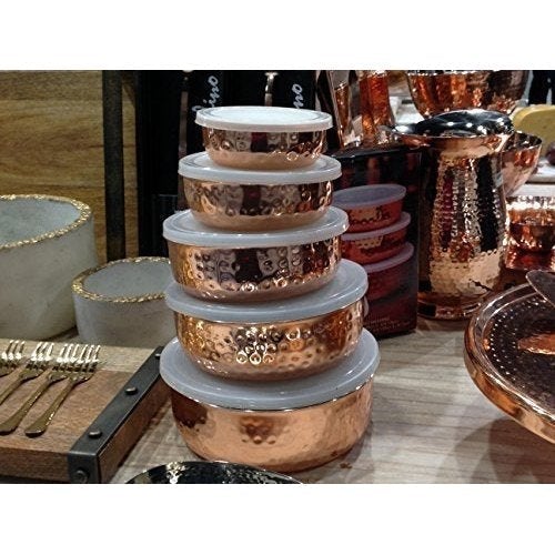 5 Piece Hammered Copper Plated Stackable Storage Bowl Set with Lids by Top Shelf