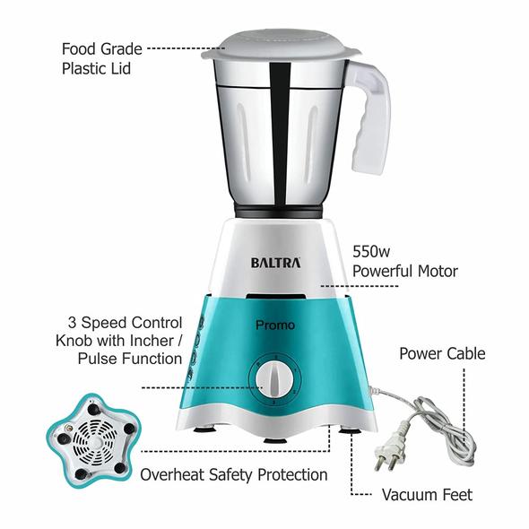 Baltra Promo (550 Watt) Mixer Grinder with 2 Stainless Steel Jars - Turquoise Green & White.