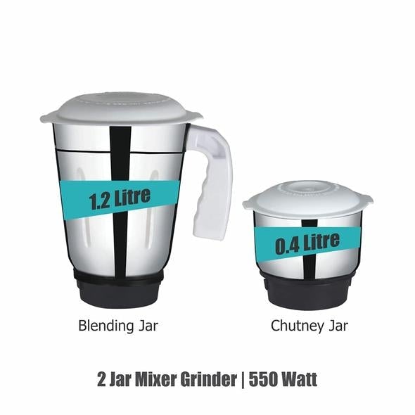 Baltra Promo (550 Watt) Mixer Grinder with 2 Stainless Steel Jars - Turquoise Green & White.
