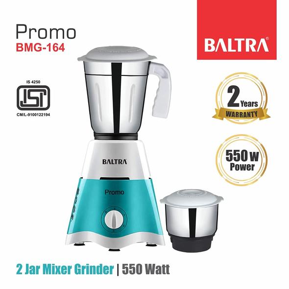 Baltra Promo (550 Watt) Mixer Grinder with 2 Stainless Steel Jars - Turquoise Green & White.