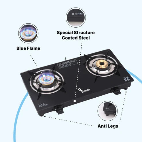 Gas Stove 2 Burners with Premium Gas Saver Brass Burners | Automatic Ignition 2 Burner Gas Stove | 6mm Toughened Glass Gas Chulha | LPG Gas Stove | ISI Certified | 1 Yr Warranty