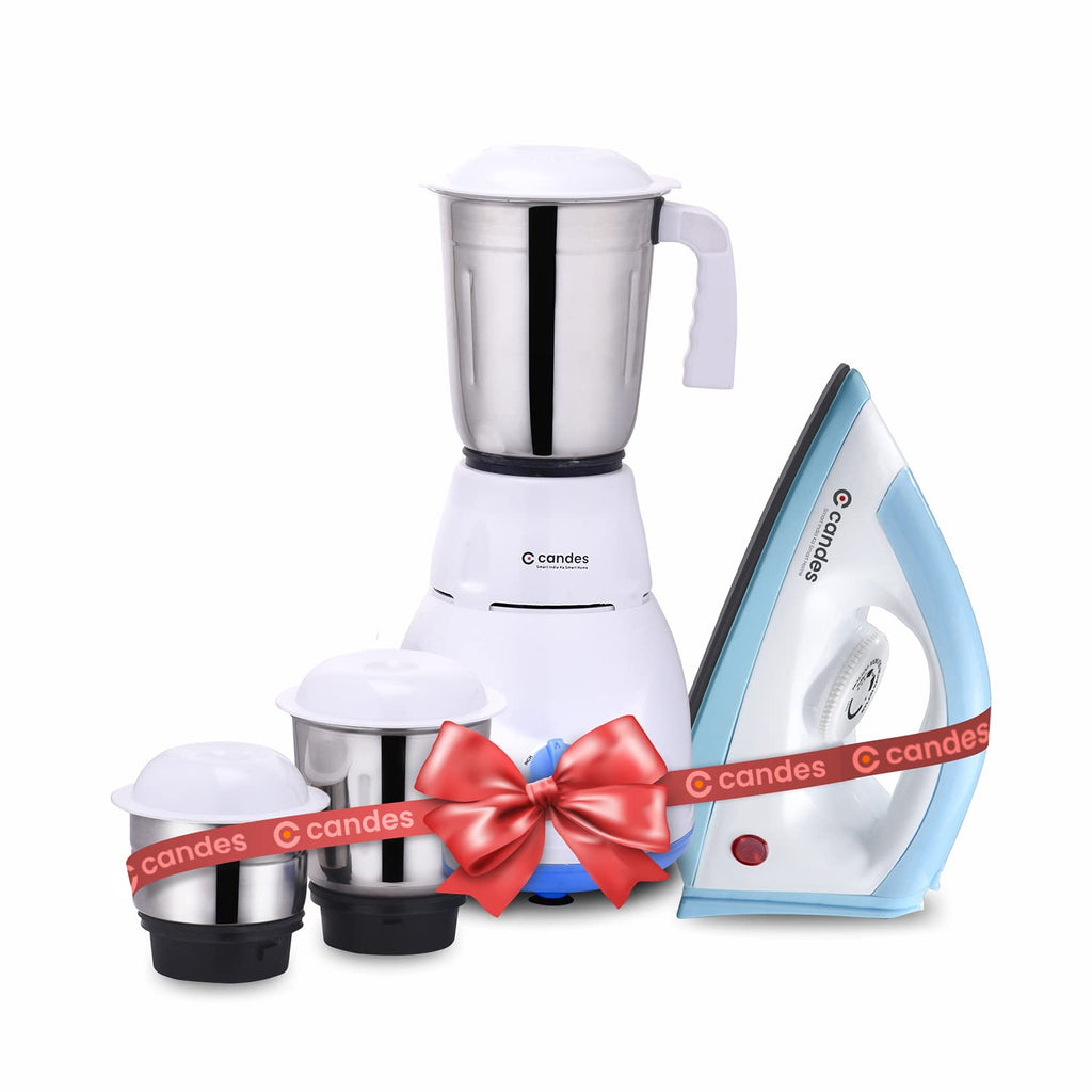 Combo: 550W Juicer Mixer Grinder & 750W Dry Iron | 3 Jars & Iron Box Included | Energy Efficient | Blue & White