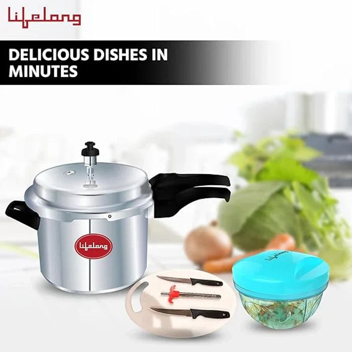 Kitchen Set 2-Burner Gas Stove, 3-Piece Cookware Set, 500W Mixer Grinder, 3L Pressure Cooker, 1.5L Electric Kettle, Water Bottle with Chopper, Chopping Board, Knives & Gas Lighter