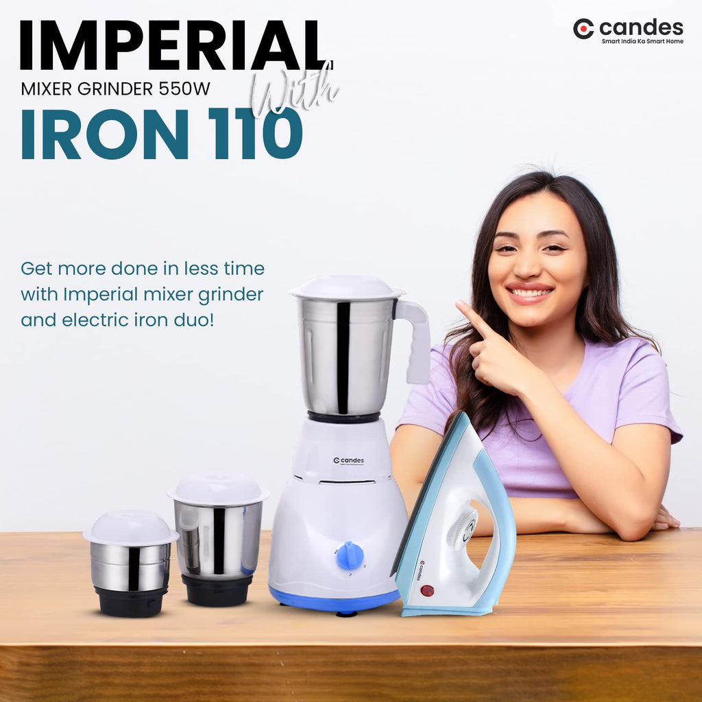 Combo: 550W Juicer Mixer Grinder & 750W Dry Iron | 3 Jars & Iron Box Included | Energy Efficient | Blue & White