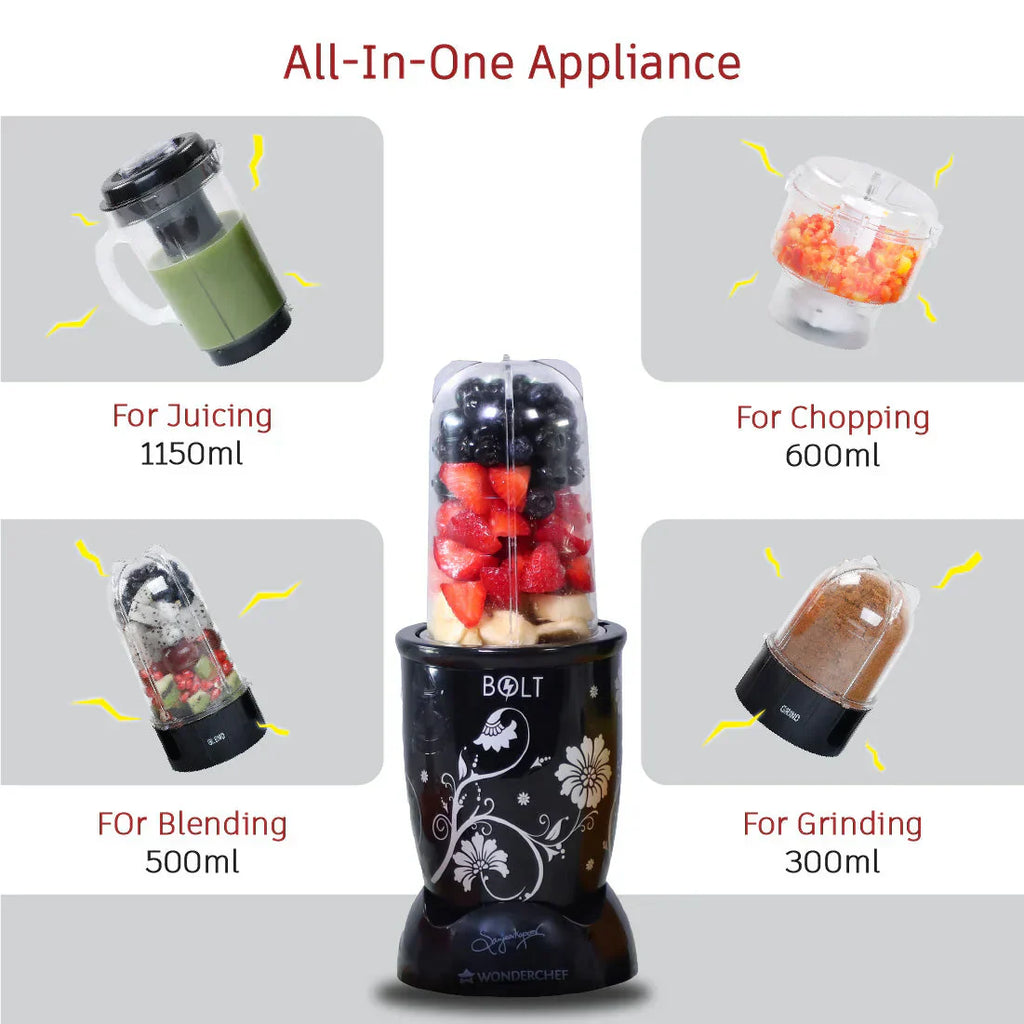 Nutri-blend Juicer, Mixer, Grinder, Smoothie Maker & Chopper | Complete Kitchen Machine | 22000 RPM Blender, Chopper, Juicer | 500W 100% Full Copper Motor | SS Blades | 4 Unbreakable Jars | 2 Years Warranty | Recipe Book By Chef Sanjeev Kapoor | Black