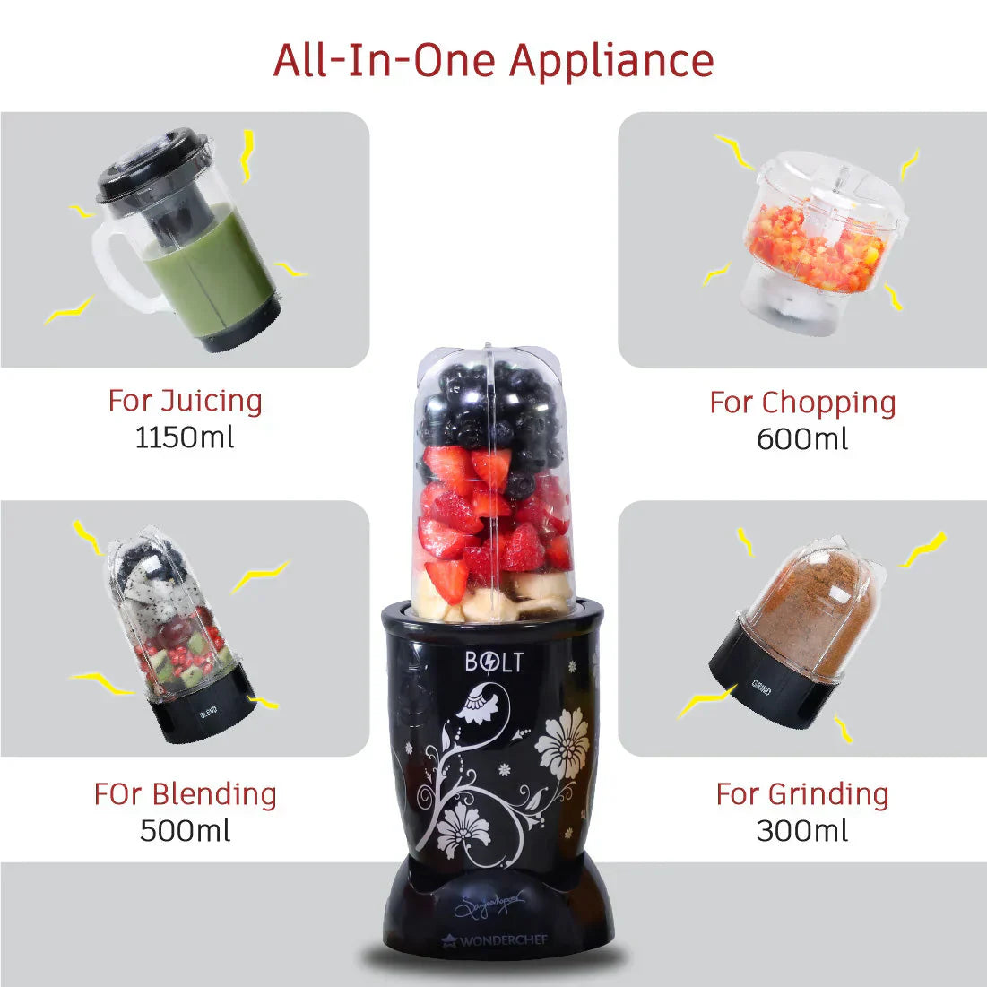 Nutri-blend Juicer, Mixer, Grinder, Smoothie Maker & Chopper | Complete Kitchen Machine | 22000 RPM Blender, Chopper, Juicer | 500W 100% Full Copper Motor | SS Blades | 4 Unbreakable Jars | 2 Years Warranty | Recipe Book By Chef Sanjeev Kapoor | Black