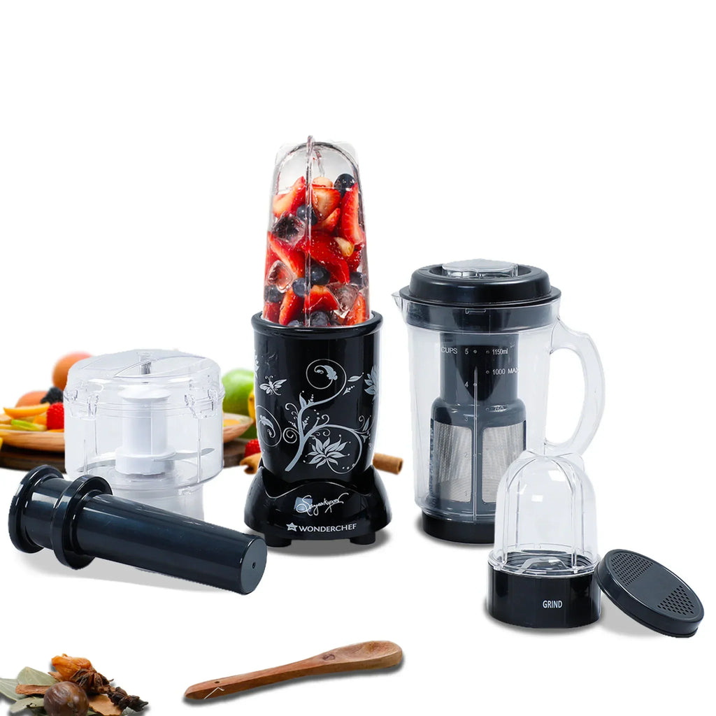 Nutri-blend Juicer, Mixer, Grinder, Smoothie Maker & Chopper | Complete Kitchen Machine | 22000 RPM Blender, Chopper, Juicer | 500W 100% Full Copper Motor | SS Blades | 4 Unbreakable Jars | 2 Years Warranty | Recipe Book By Chef Sanjeev Kapoor | Black