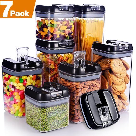 7-Piece Airtight Food Storage Containers, Plastic Kitchen Storage Jars and Container Set,with Improved Durable Lids (Black)